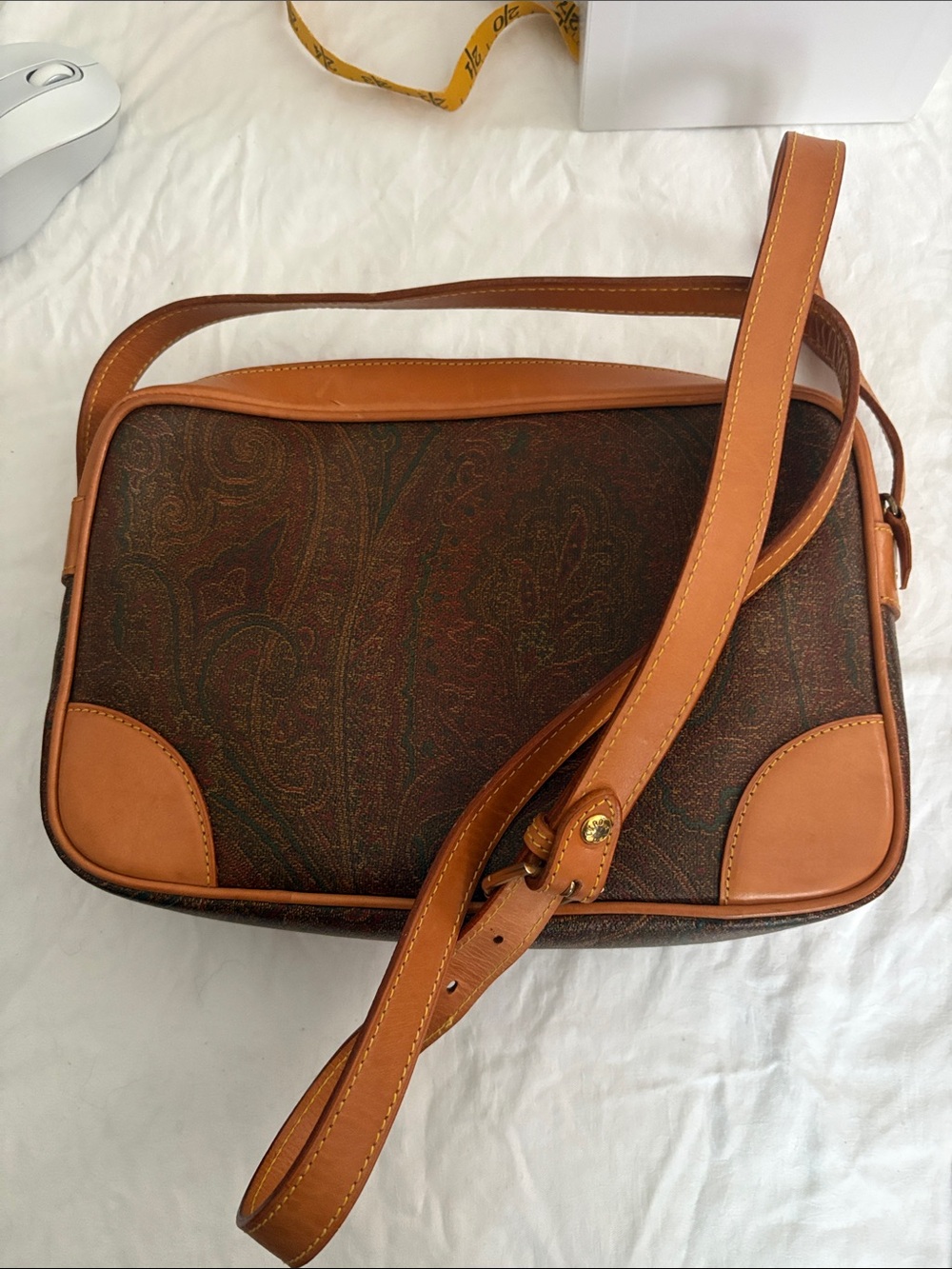 Brown Paisley Crossbody with Tan Leather Trim